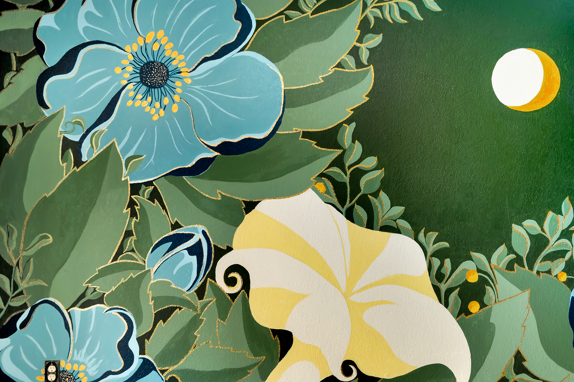 Close-up of a floral mural with blue and yellow flowers, green leaves, and a white flower with yellow accents, outlined in gold.