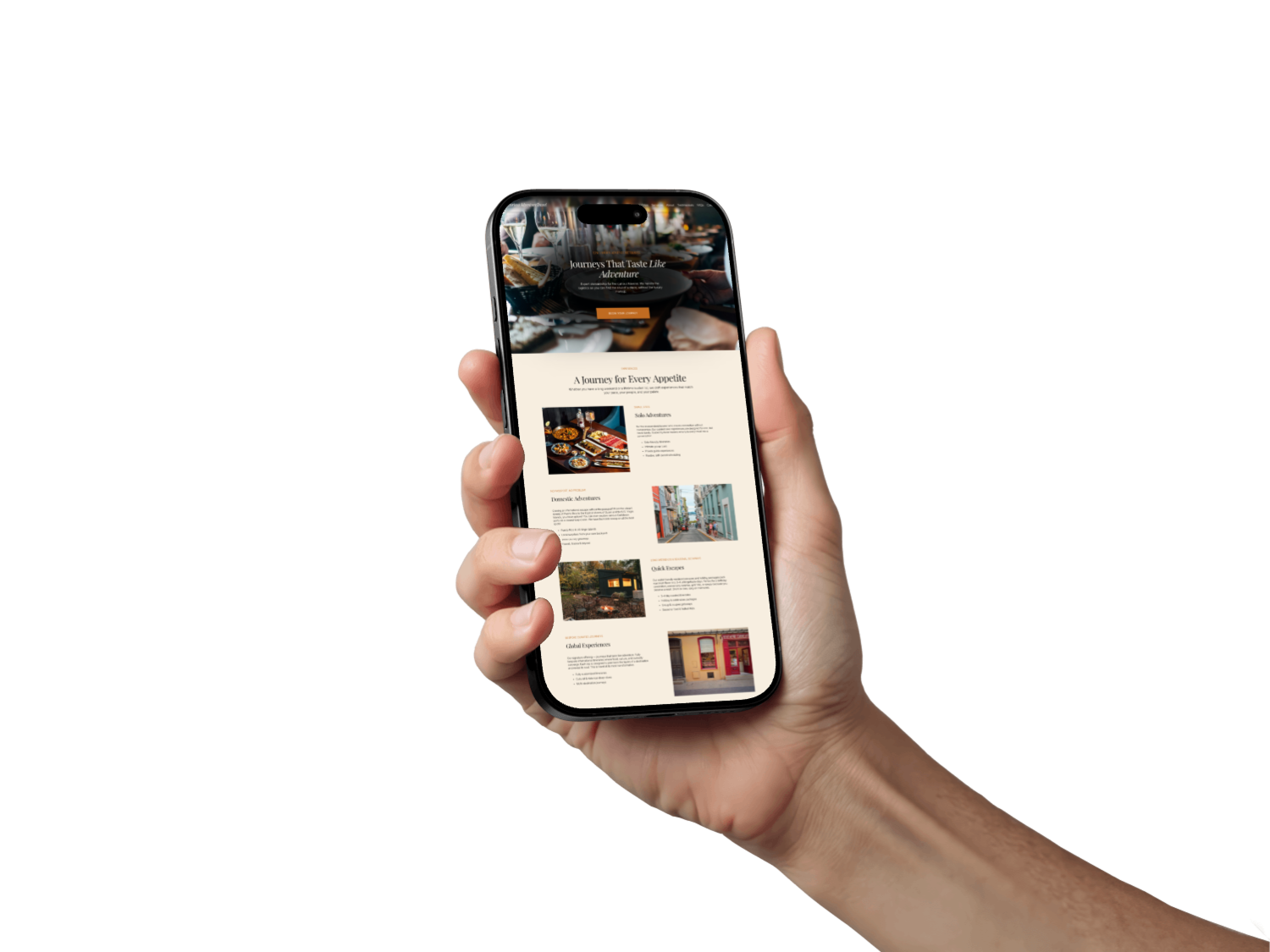 A person holding a smartphone displaying a webpage about travel destinations with images of food, city streets, and buildings.