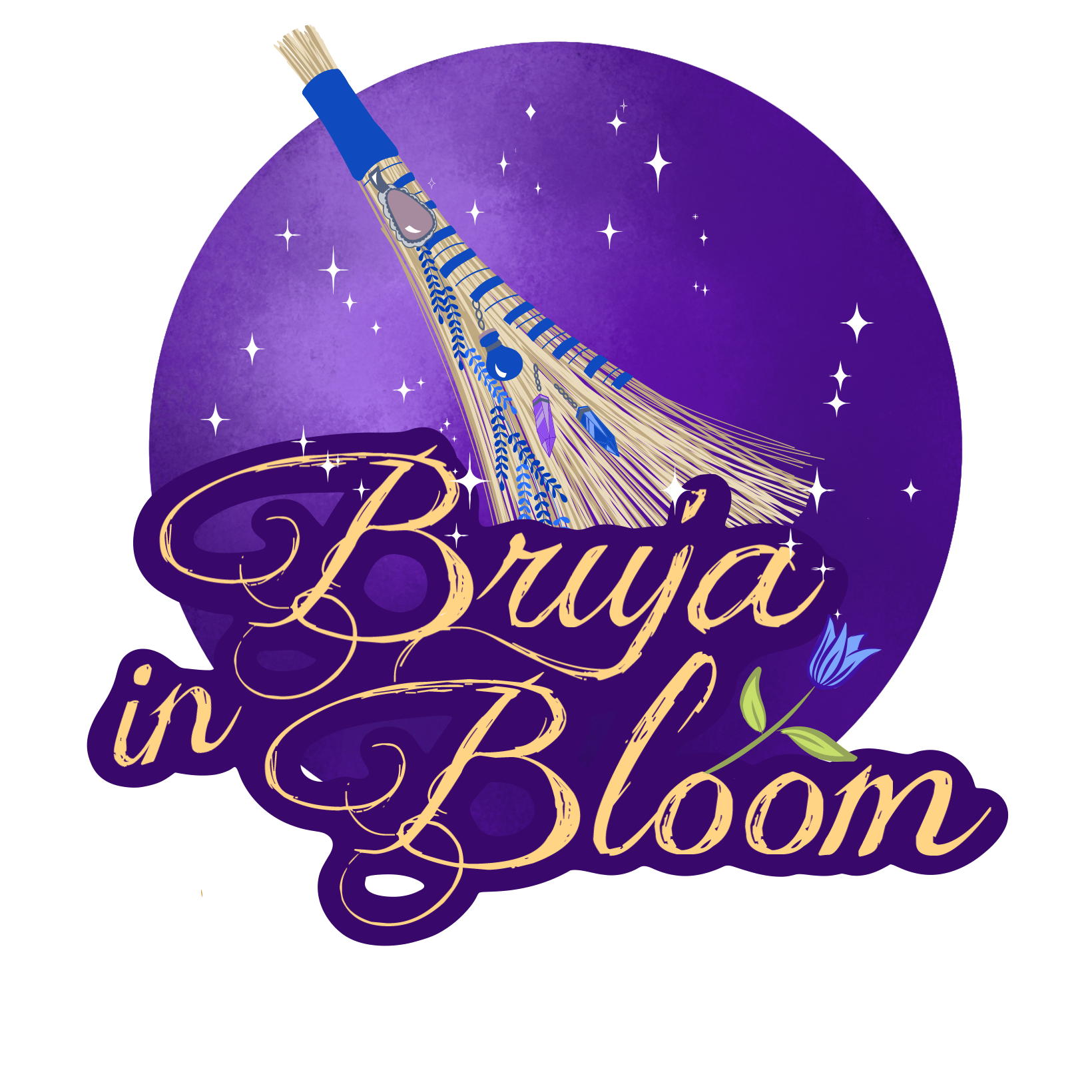A circular purple background with white stars, featuring a broom with a purple gem and blue decorations. The text 'Bruja in Bloom' is written in elegant, cursive font with a small blue flower.