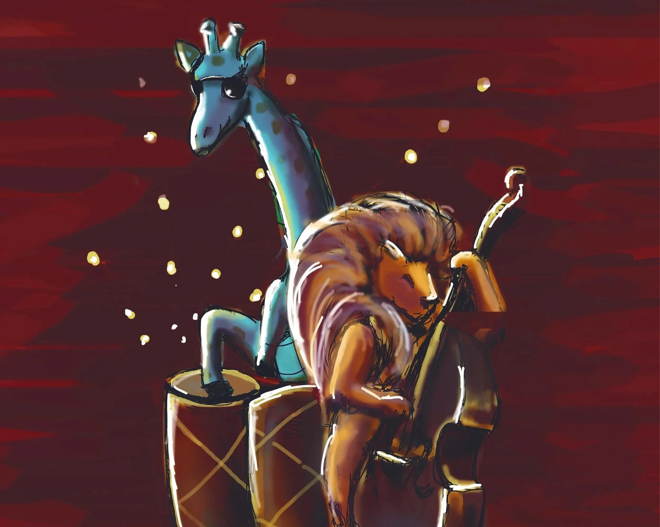 A digital painting of a giraffe and a lion playing musical instruments against a dark red background. The giraffe is playing a drum, and the lion is playing a double bass.