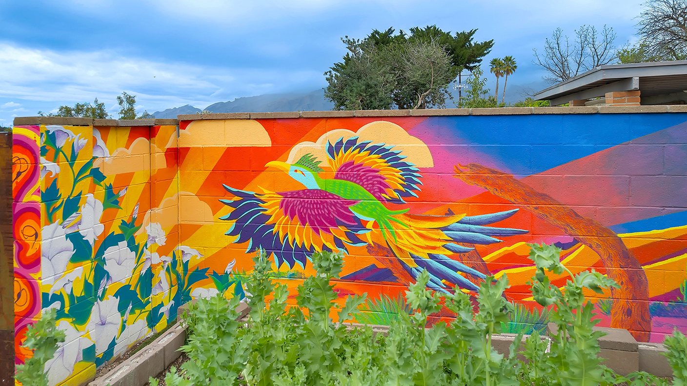 Colorful mural of a phoenix bird with vibrant feathers on a bright orange, pink, and blue background, with white flowers on the left and green plants in the foreground.