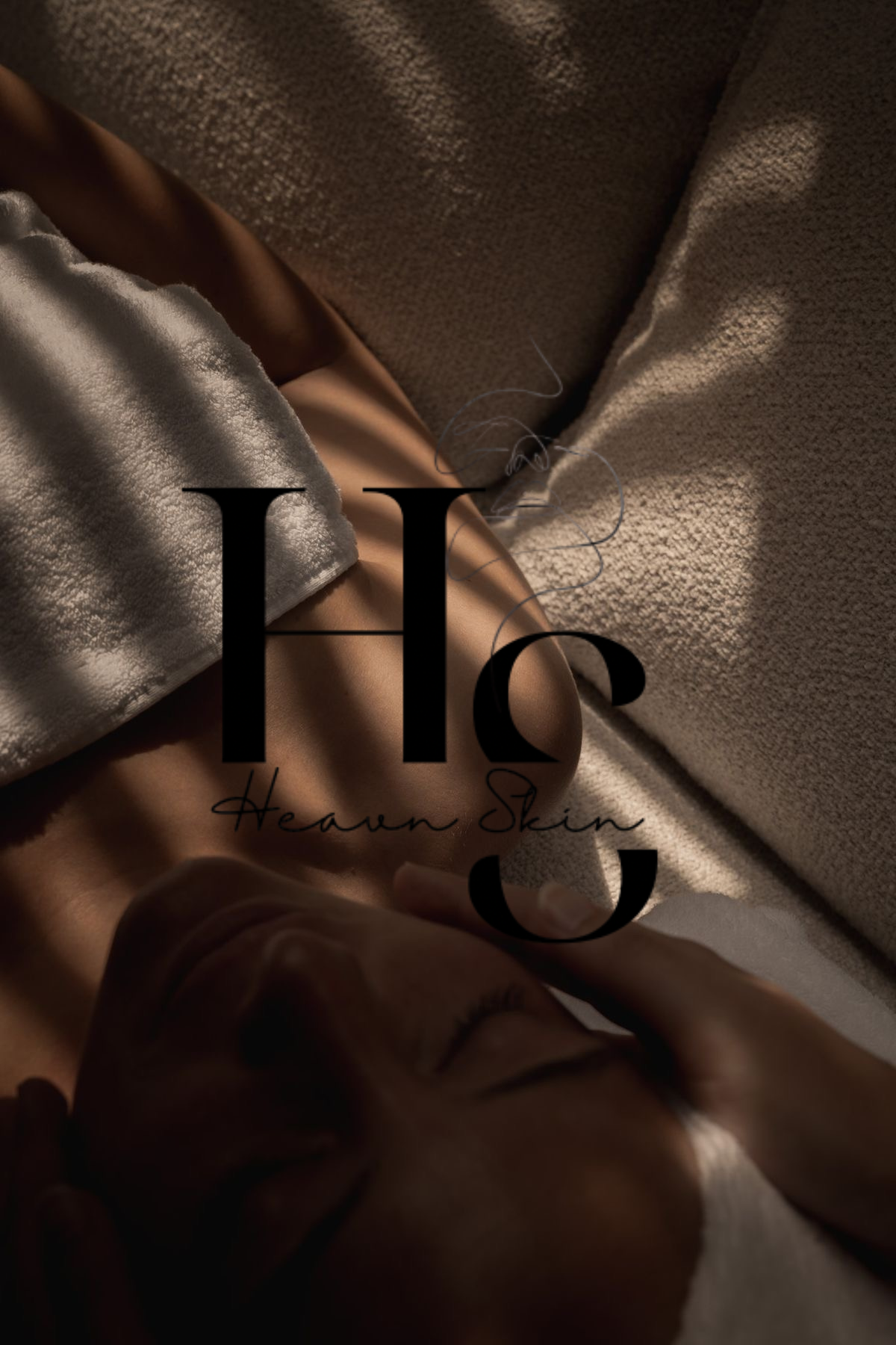 Close-up of fabric textures in beige, tan, and cream colors with text overlay "Heaven Skin" and stylized "H" and "S".