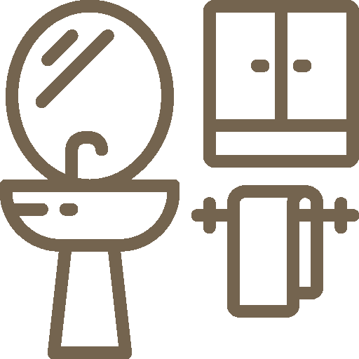 Bathroom scale, cabinets, towel rack, and sink.