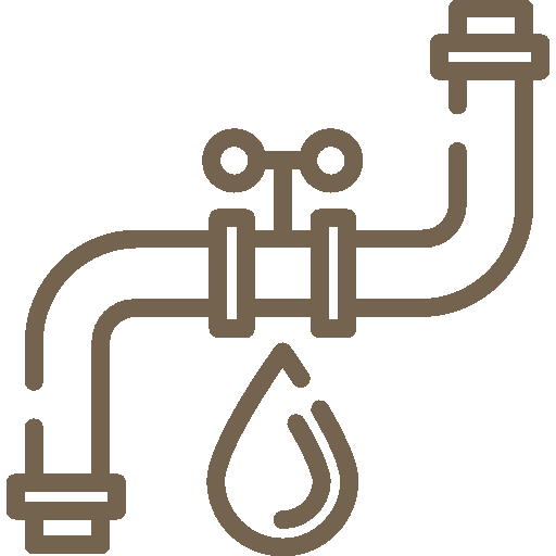 Line drawing of a plumbing pipe with a faucet and a water droplet.