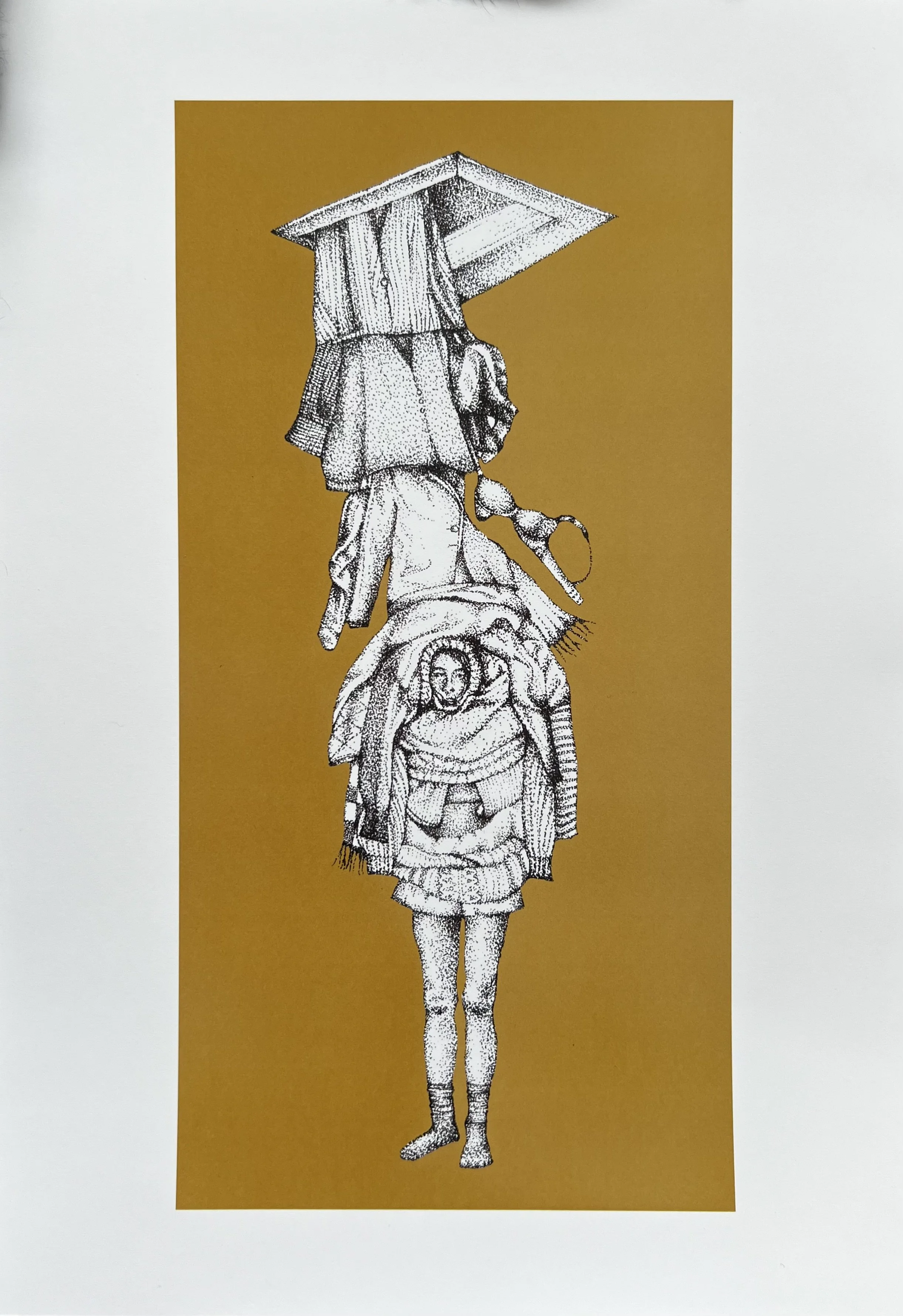 Illustration of a human figure covered by clothing, depicting overconsumption and consumerism. Dot work artwork on a mustard/brown background.