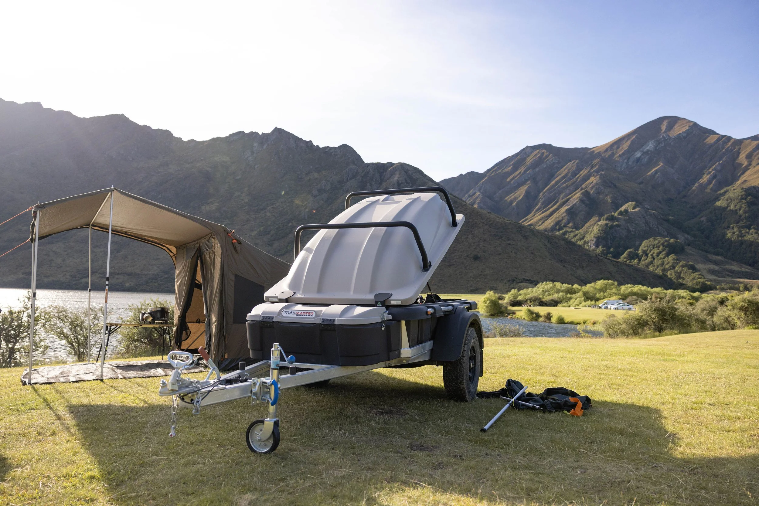Camp Easy camping pod trailer set up by Moke Lake DOC site