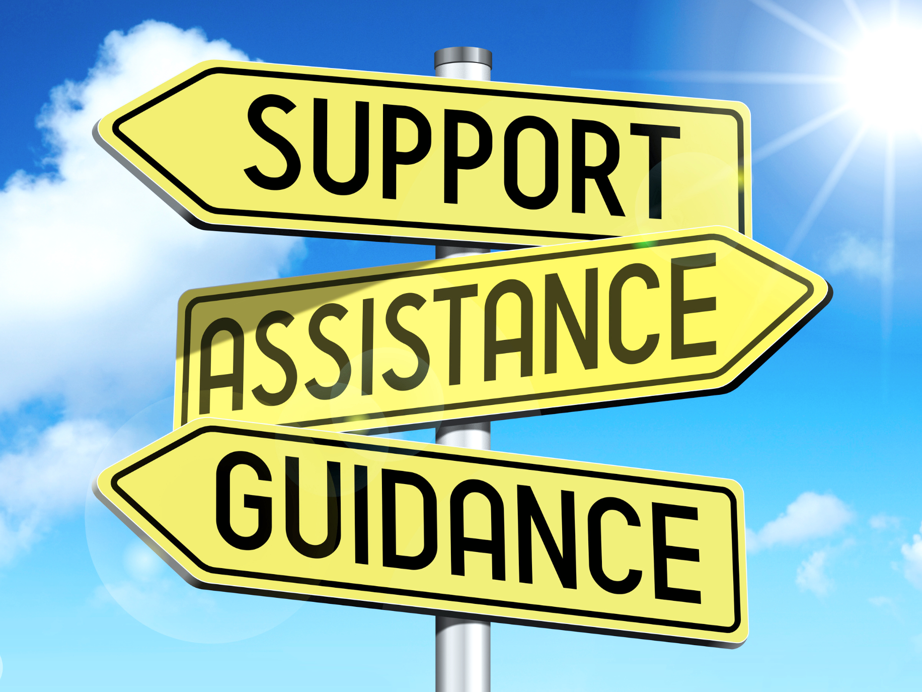 Yellow street signs with black text pointing in different directions, labeled 'Support,' 'Assistance,' and 'Guidance,' against a blue sky with clouds and sunlight.