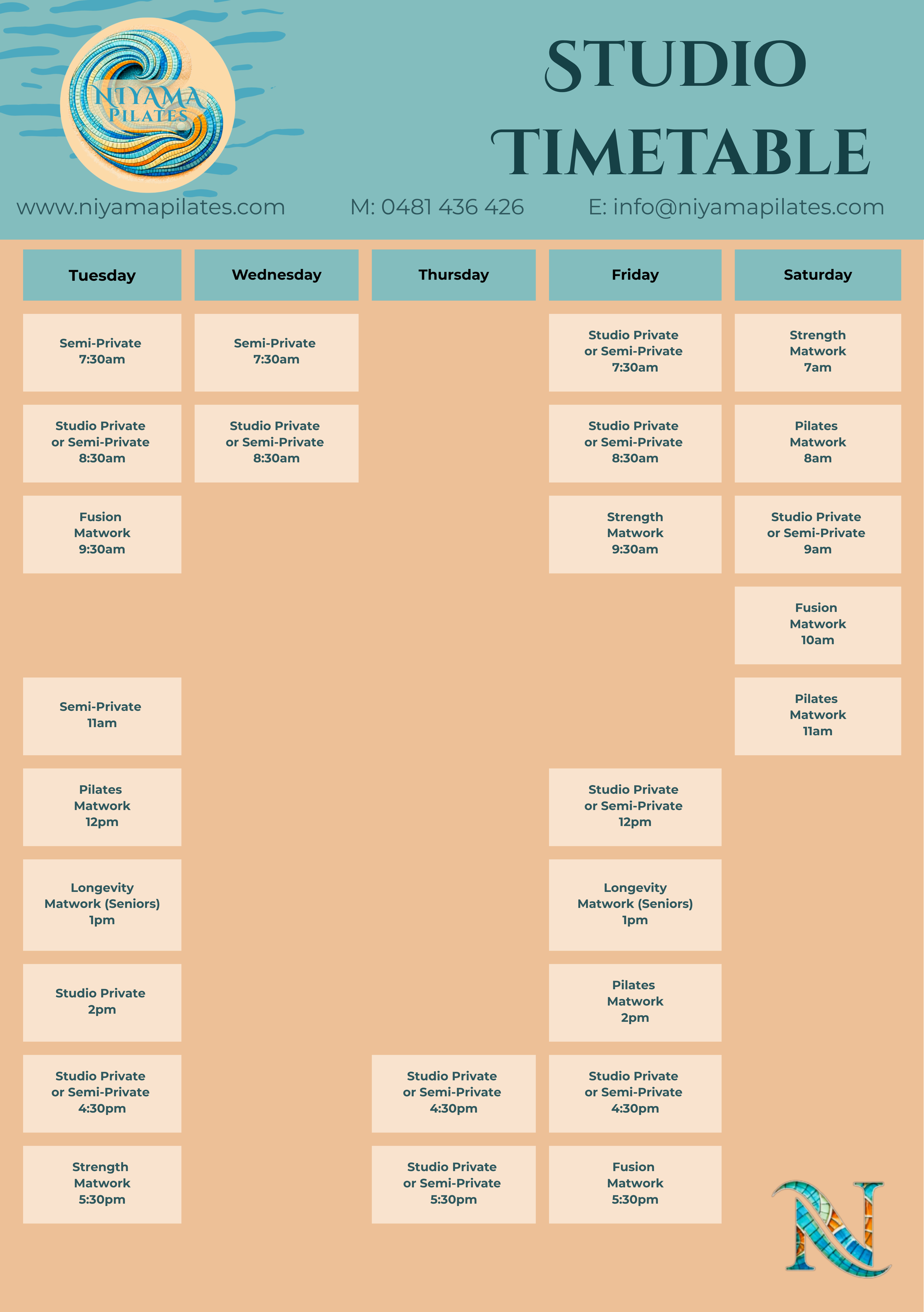 A Pilates studio timetable with schedule of classes from Tuesday to Saturday, including times and class types such as semi-private, studio private, fusion, strength, and longevity matwork.
