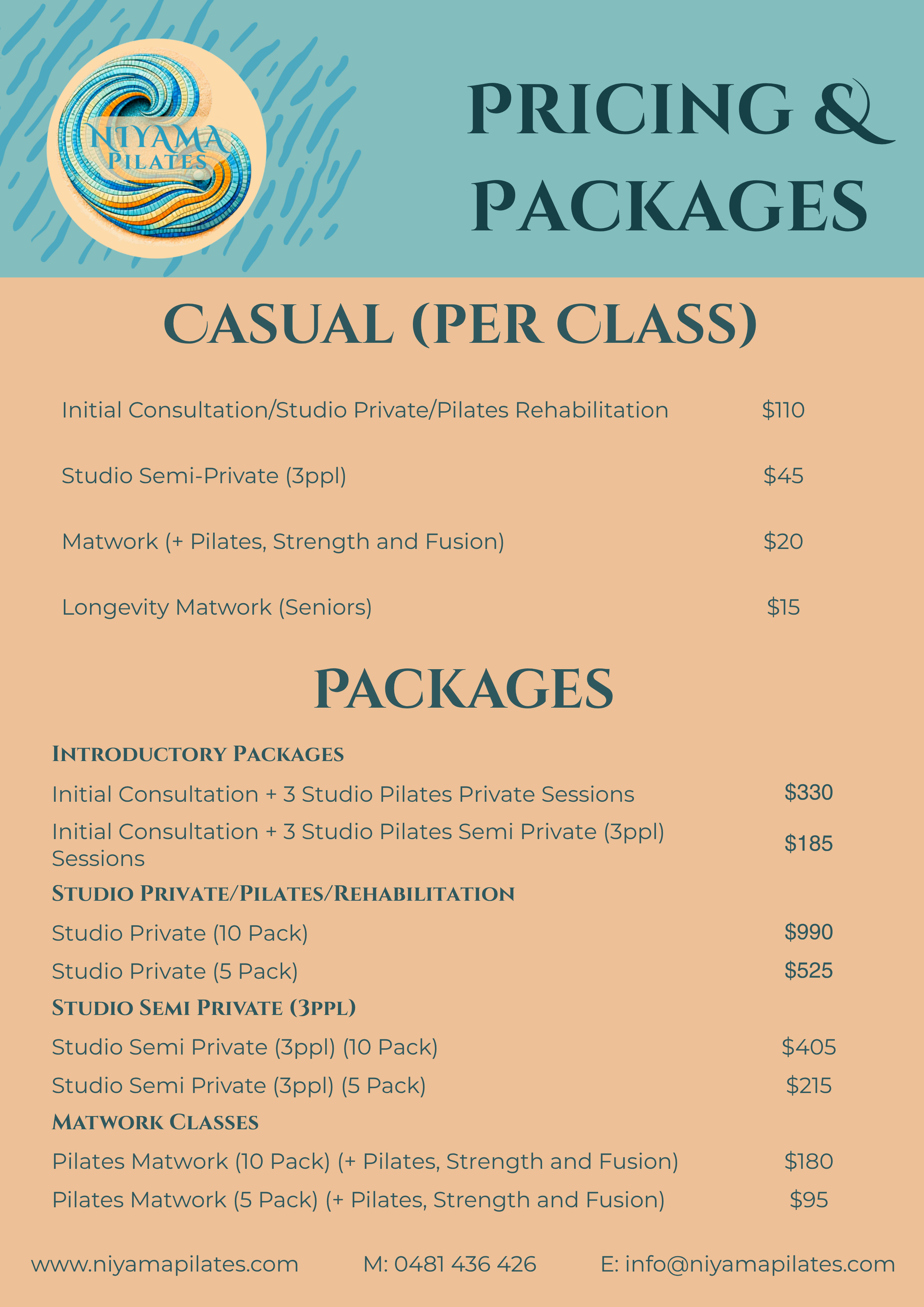A flyer displaying pricing and packages for Niyama Pilates. The flyer includes various Pilates session options, prices, and contact information.