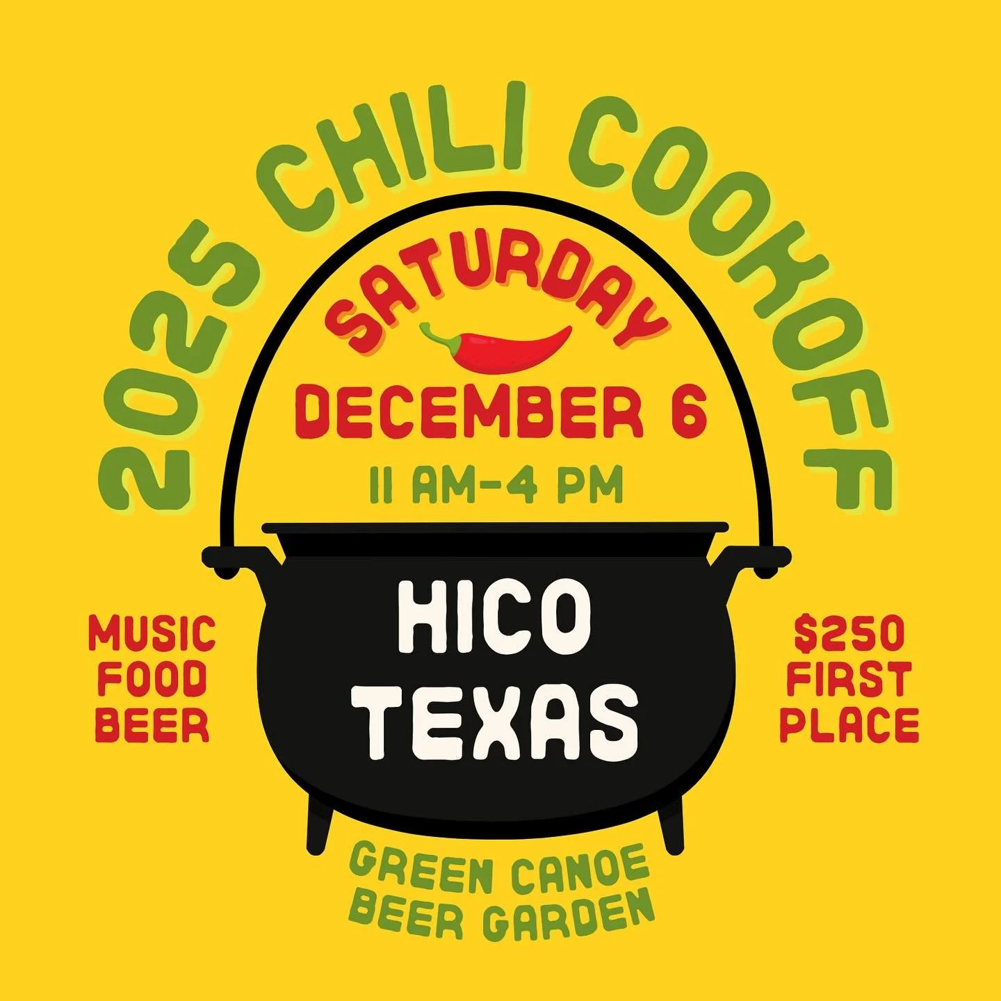 Mark your calendar! 🗓️ Join us and our friends from Two Clay Birds 🐦 on Dec. 6 at the Green Canoe 🛶 in Hico for a day of hot chili, cold beer and live music with the great Mel Garsek 🎸 To register your team for the cookoff, visit https://form.jot