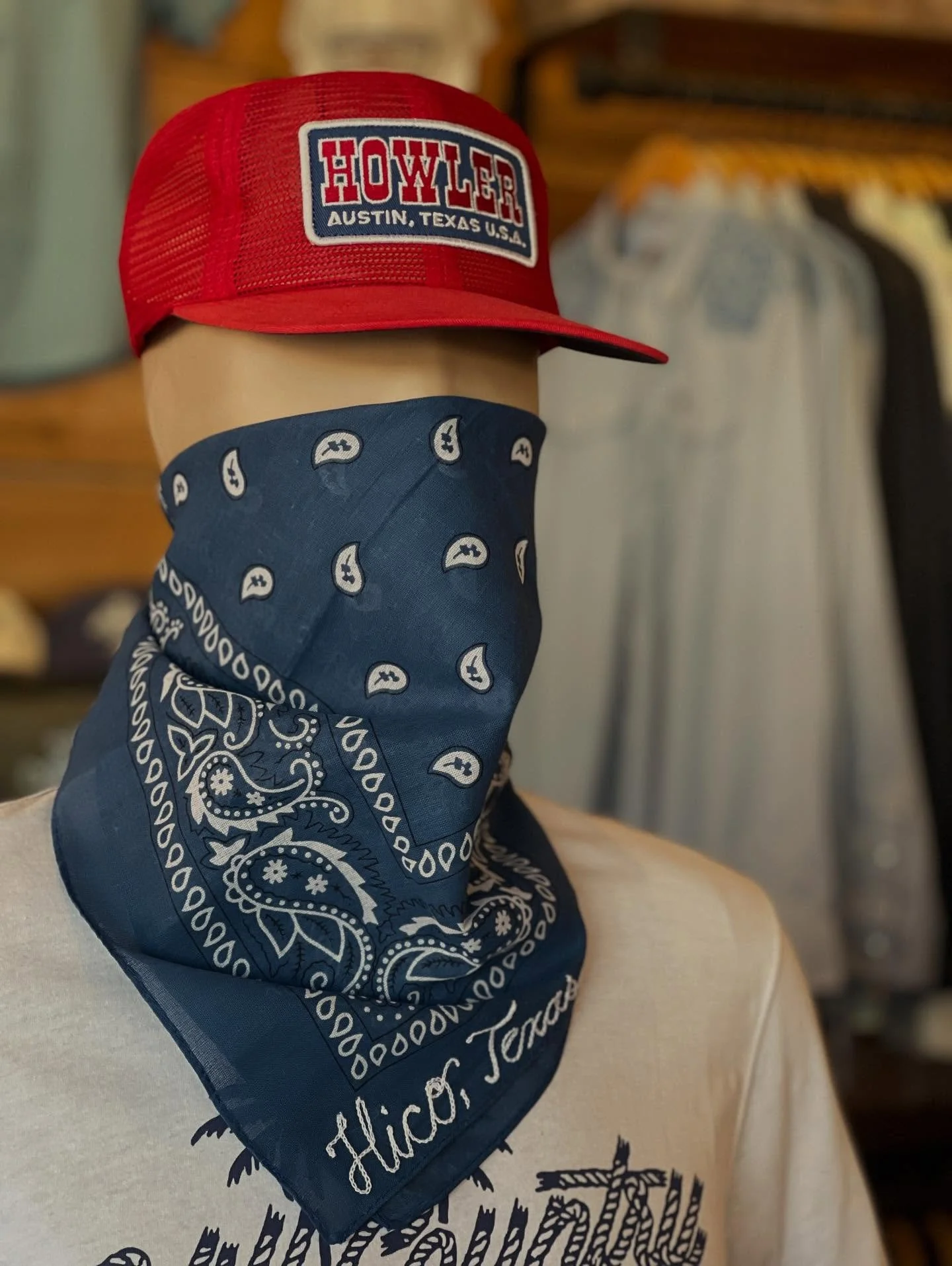 The classic Hico bandana &mdash; crafted, chainstitched, and ready to wear. 🇨🇱 Available online or right here on Elm Street in downtown Hico 🛶