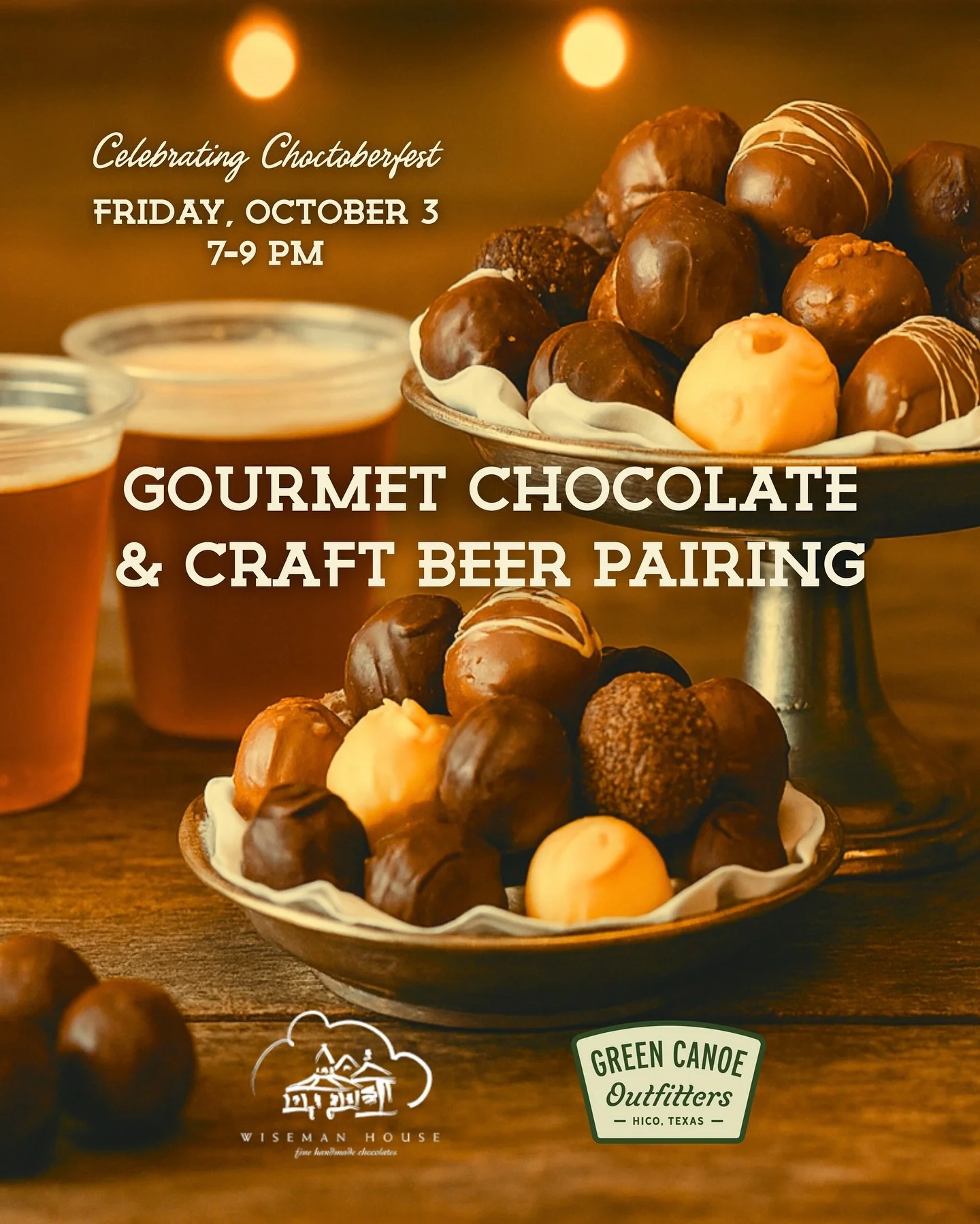 Chocolate &amp; Beer Pairing with @wisemanhouse chocolatiers and Texas craft beers 🍻 🍫 

Indulge in a delicious evening of chocolate, brews and community at Green Canoe Outfitters and Beer Garden. Join us for a unique experience where we pair the f