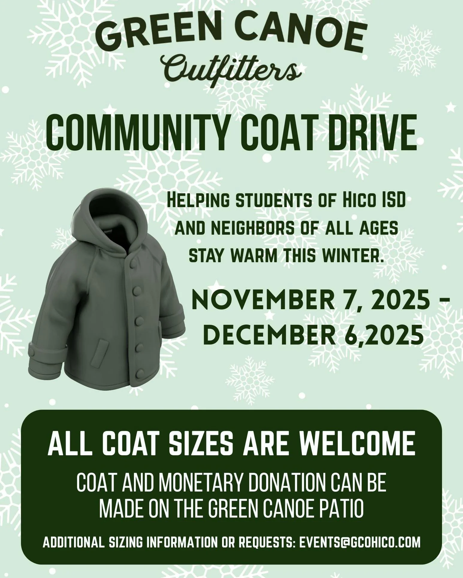 It's coat drive season at Green Canoe Outfitters🧥

As these winter winds whip in, let&rsquo;s come together to keep Hico warm &mdash; donations benefit local students and community members in need! 

For more information, stop by the store or email 