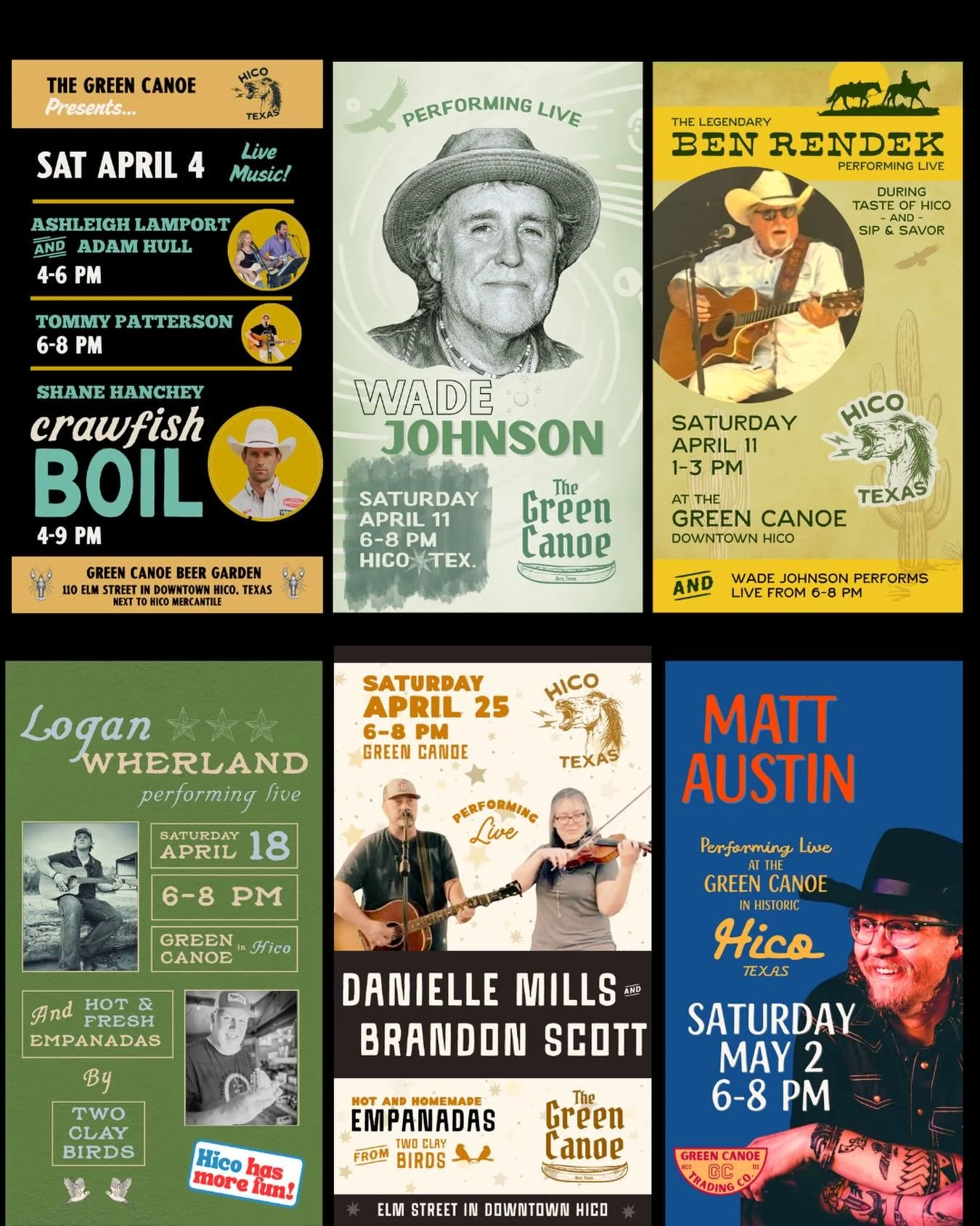 Good times on tap at the Green Canoe in Hico in the next 30 days!🦞🍻🎸🍔