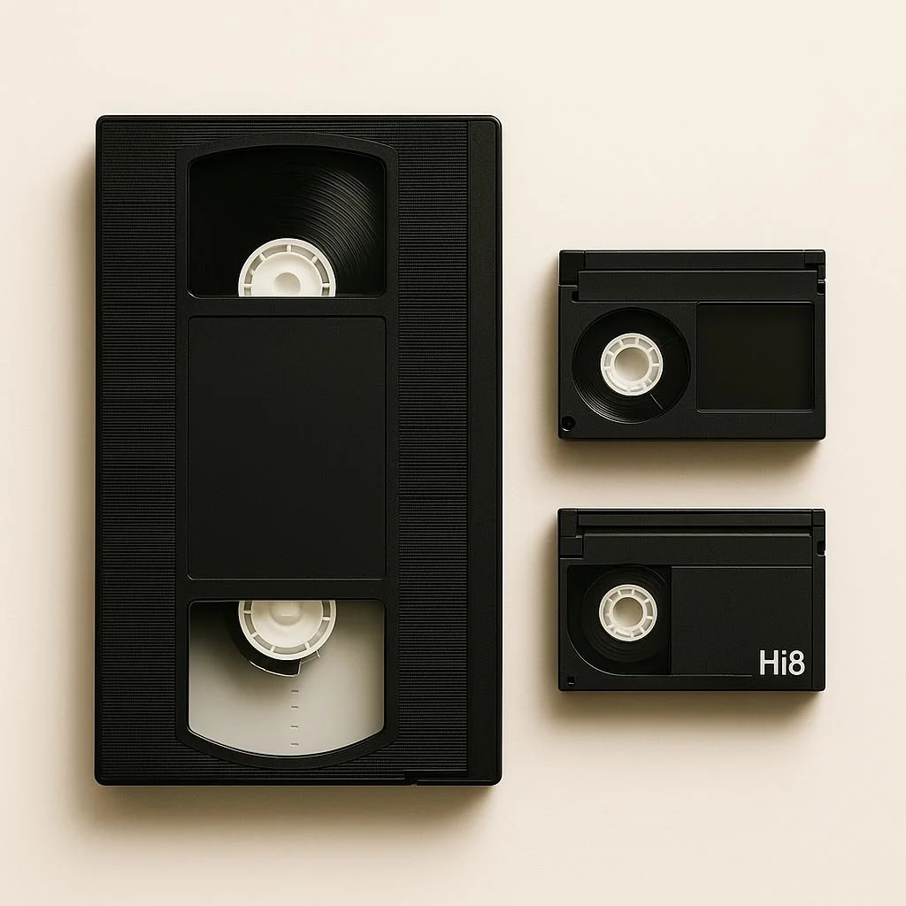 VHS, VHS-C, and Hi8 camcorder tapes shown together, representing Good Memory Media’s VHS transfer service in Austin.
