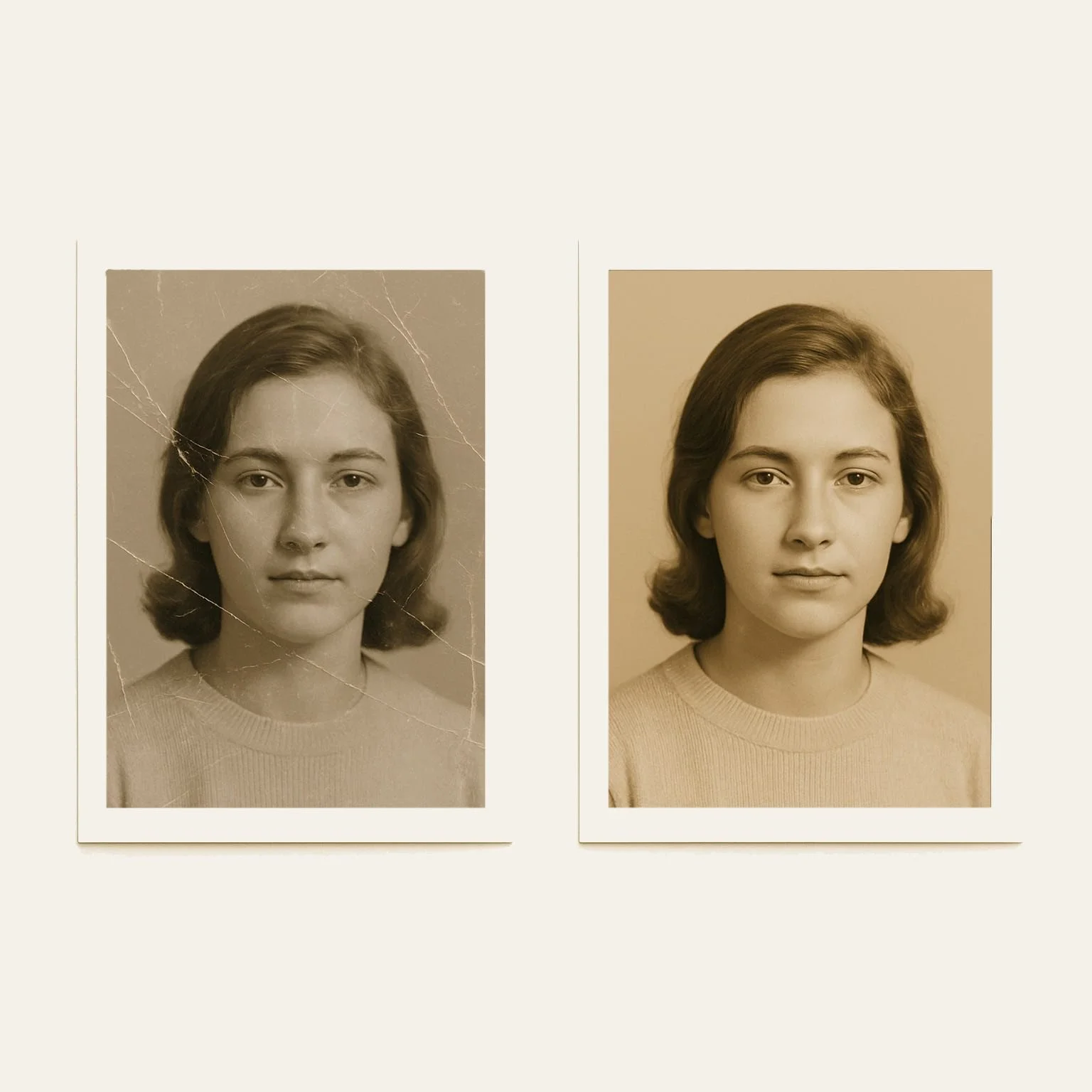 Before and after portrait showing restored vintage photo.