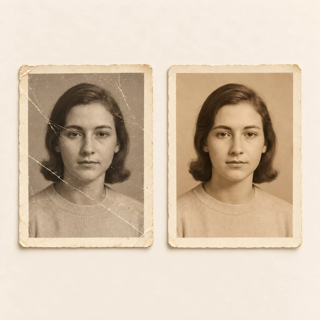 Damaged vintage portrait beside restored version