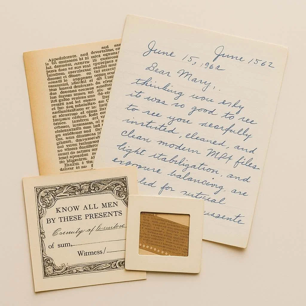 Assorted documents including a handwritten letter, certificate, newspaper clipping, and slide prepared for high-resolution document scanning.