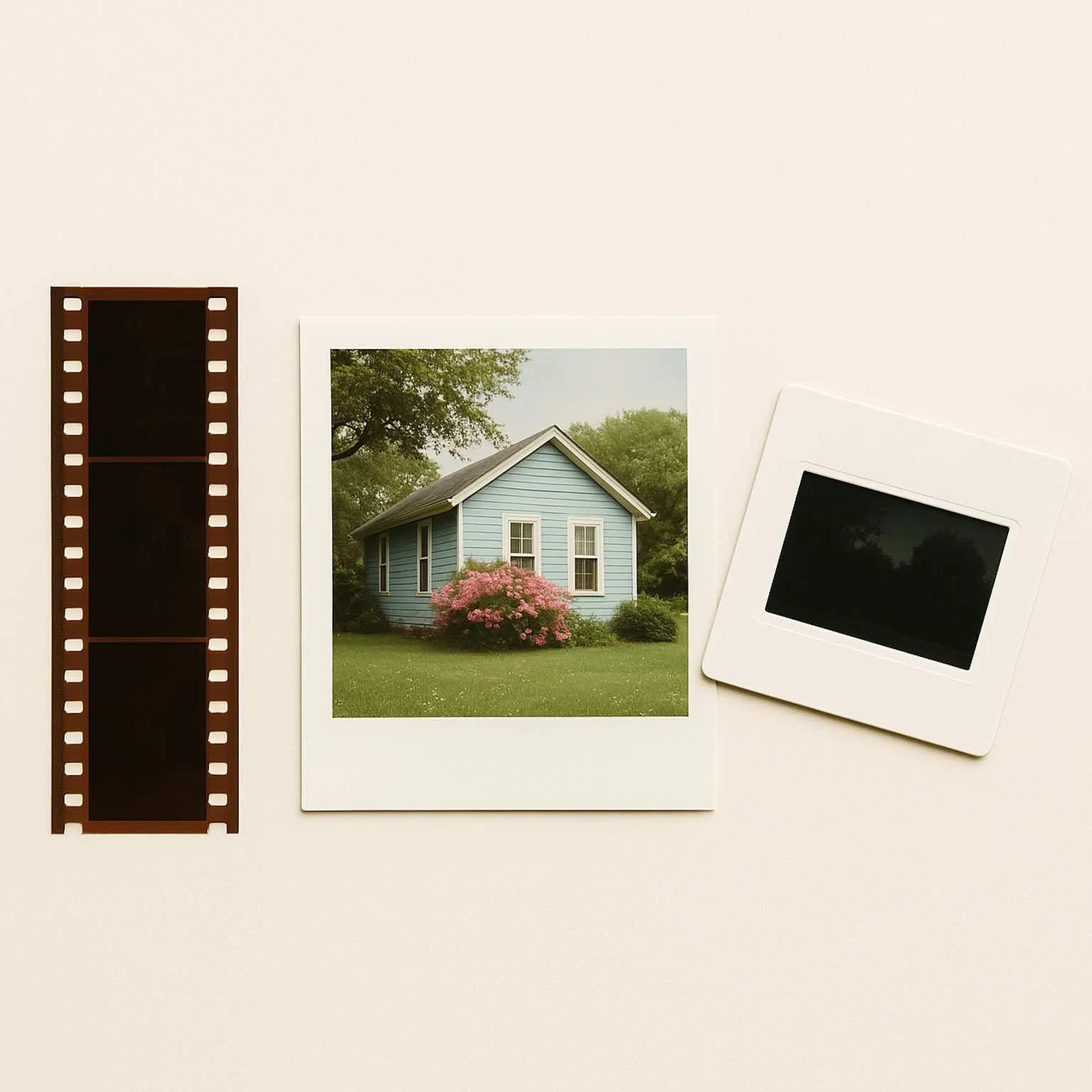 Example of a printed photo, 35mm film negative, and mounted slide for scanning.