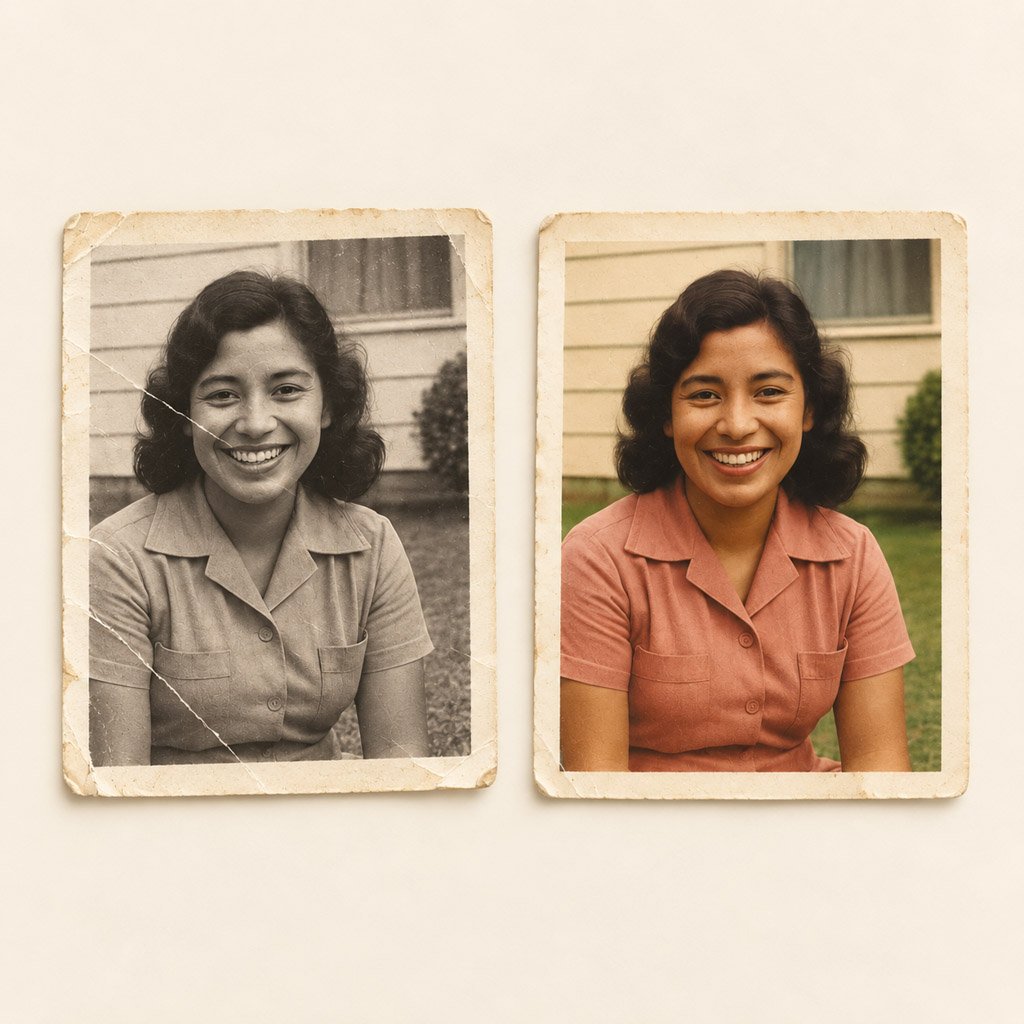 Black-and-white portrait beside colorized version