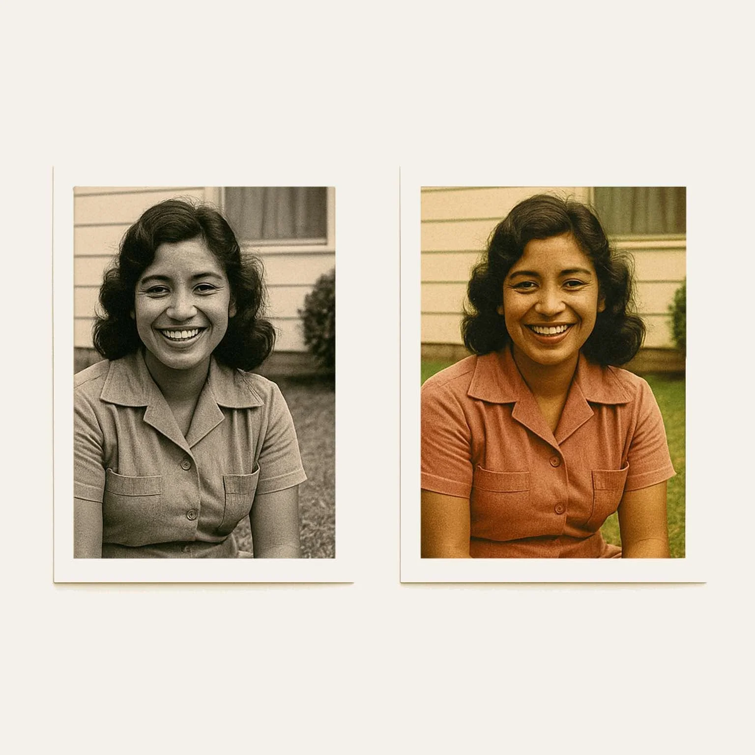 Before and after comparison of a vintage photo colorized from black and white.