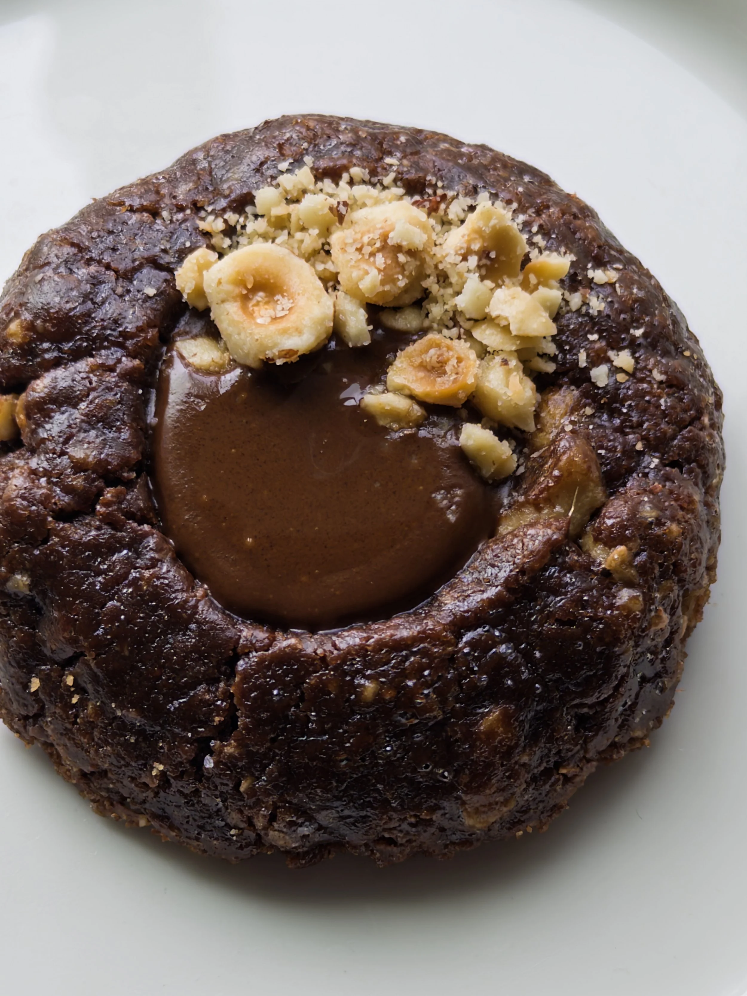 A baked cake with a thick chocolate frosting topped with chopped nuts.