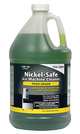 A gallon-sized container of Nickel-Safe Ice Machine Cleaner with a handle and white cap, containing a green liquid.