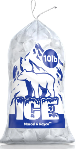 A 10-pound bag of ice with mountain and polar bear graphics and the brand name "Marcel & Royce".