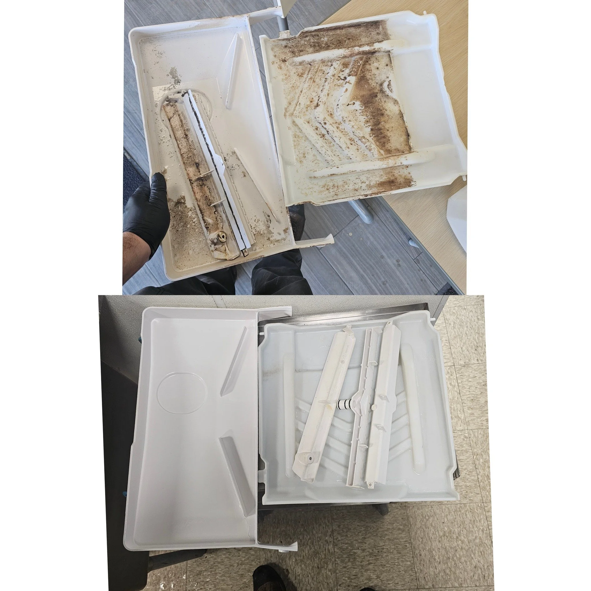 Empty and dirty refrigerator or appliance with mold or mildew inside.