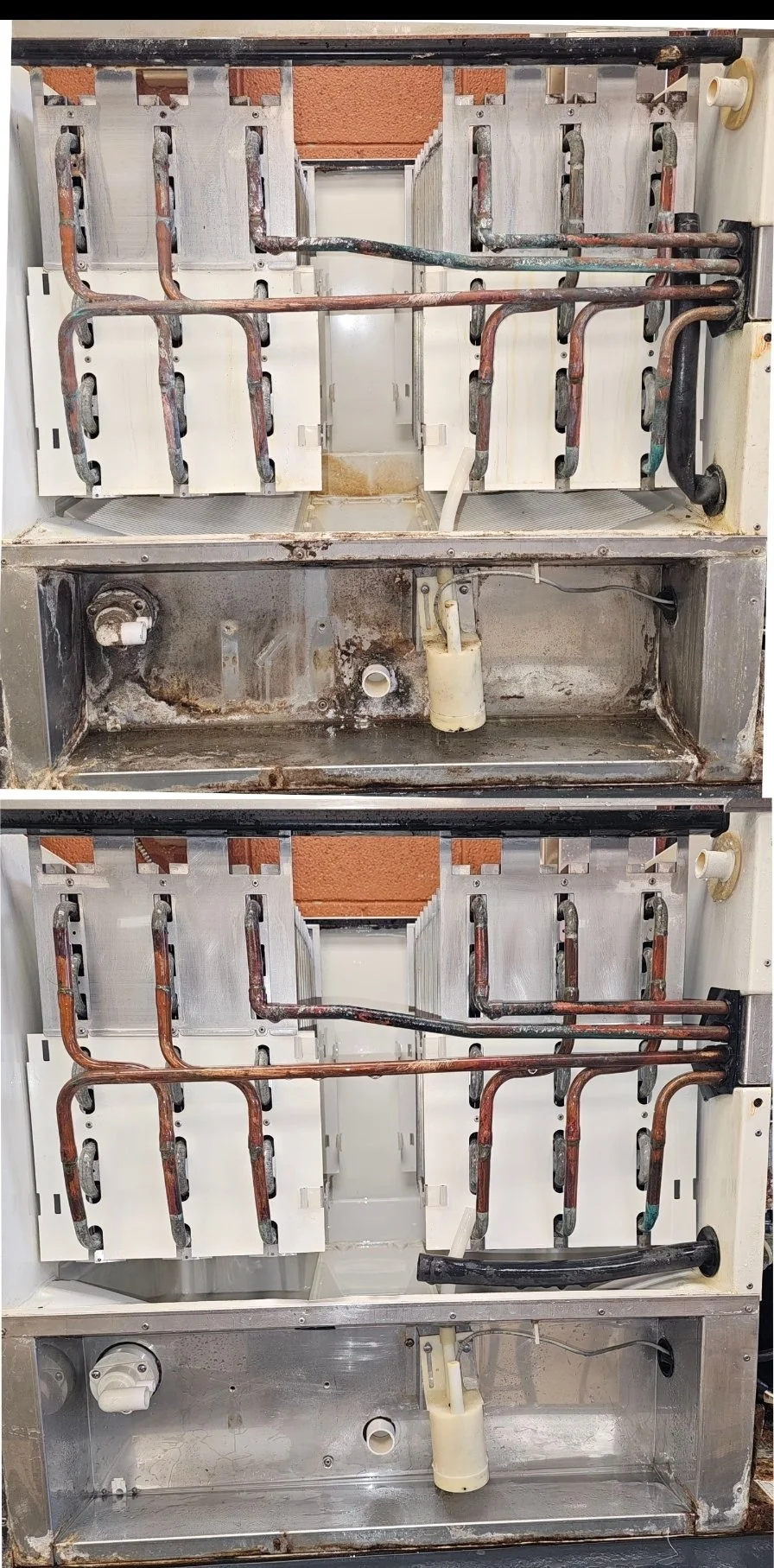 Comparison of an old, corroded refrigerator compressor unit before and after cleaning. The top half shows a rusty, dirty internal component; the bottom half shows the same components cleaned and restored.