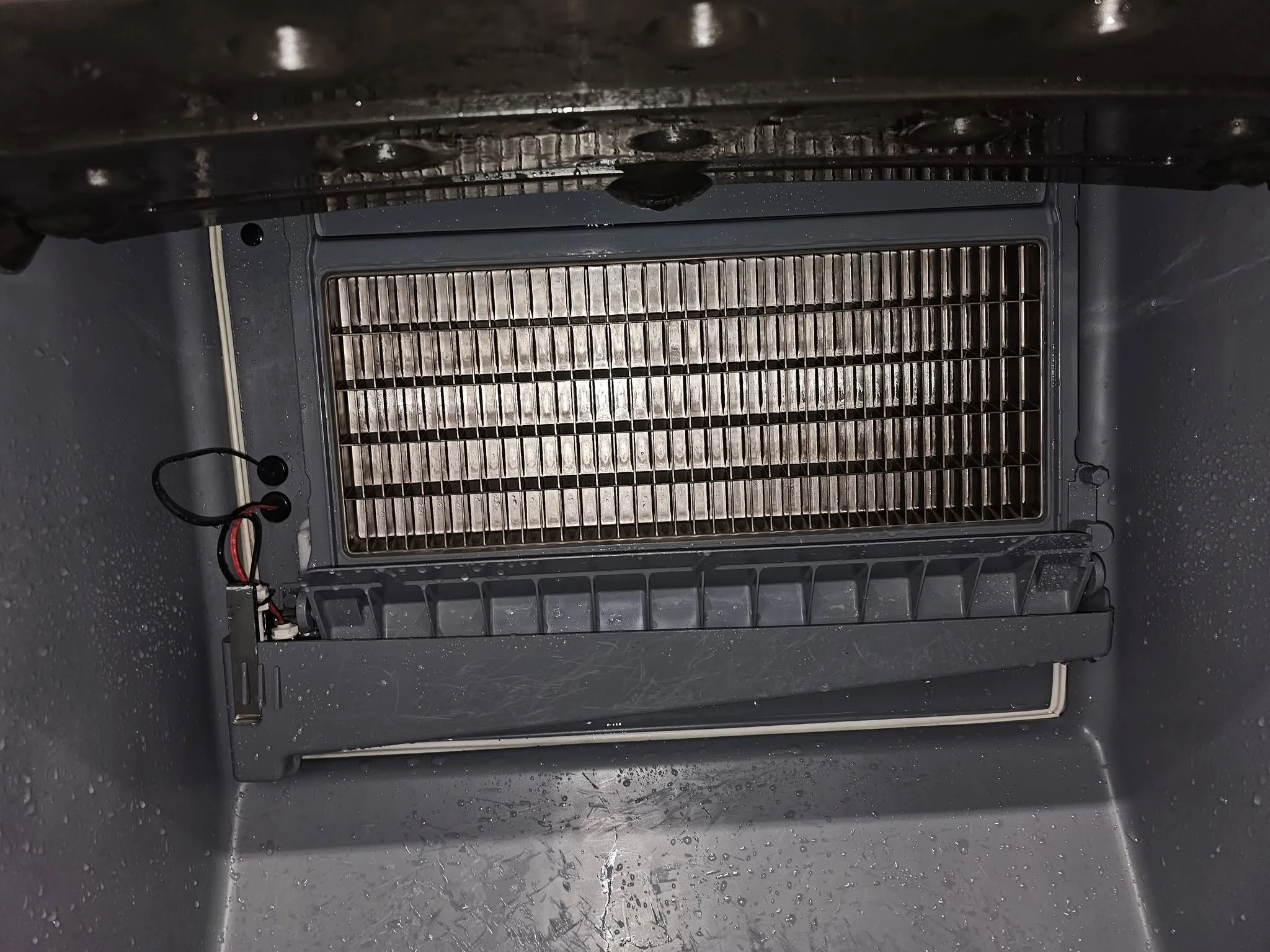 Inside a dishwasher with water droplets on the interior, showing the bottom rack and spray arms.