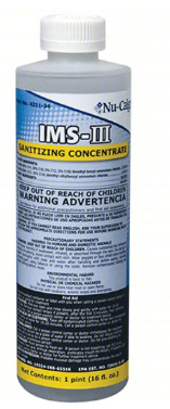 Bottle of IMS-III sanitizer concentrate with a white cap and blue and white label.