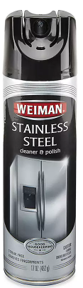 A can of Weiman stainless steel cleaner and polish with a spray nozzle.