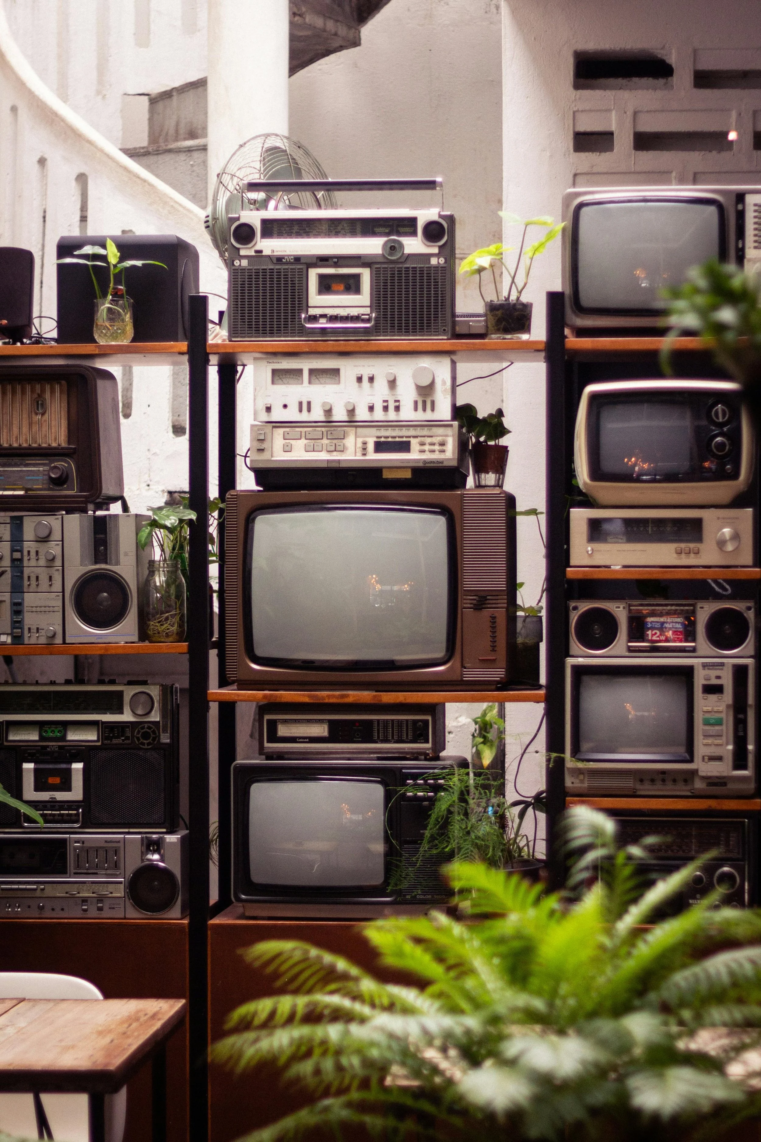 A collection of vintage televisions, radios, and electronic devices stacked on black metal shelves, with indoor plants and a wooden table in the foreground.