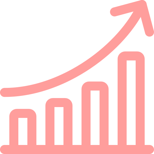 Pink upward trending bar graph with an arrow indicating growth or increase.