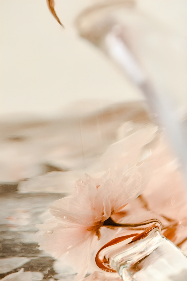 Close-up of broken, shattered glass with pinkish paint or liquid inside.
