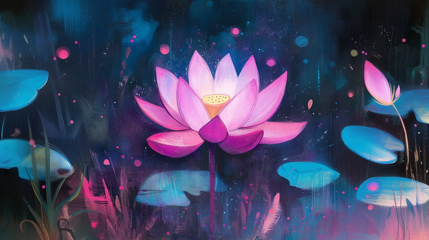 A colorful painting of a blooming pink and purple lotus flower with lily pads and a dark, vibrant background.