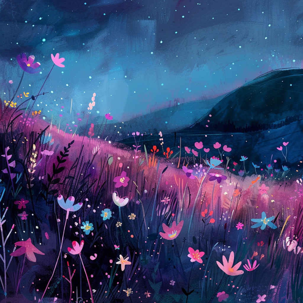 An artistic painting of a vibrant field of colorful flowers under a starry night sky with hills in the background.