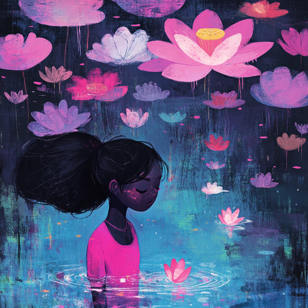 A painting of a girl with dark skin and black hair in a bun, standing in water with pink flowers and lotus blossoms above her, against a dark blue and purple background with floating colorful flowers.