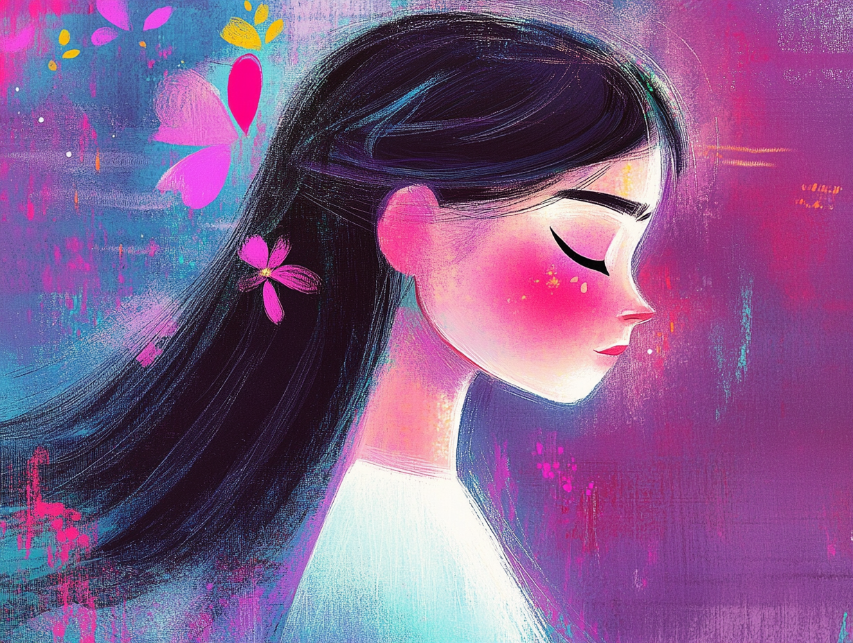 An illustrated girl with long black hair and pink flowers in her hair, with her eyes closed and a calm expression, surrounded by colorful abstract backgrounds and butterfly shapes.