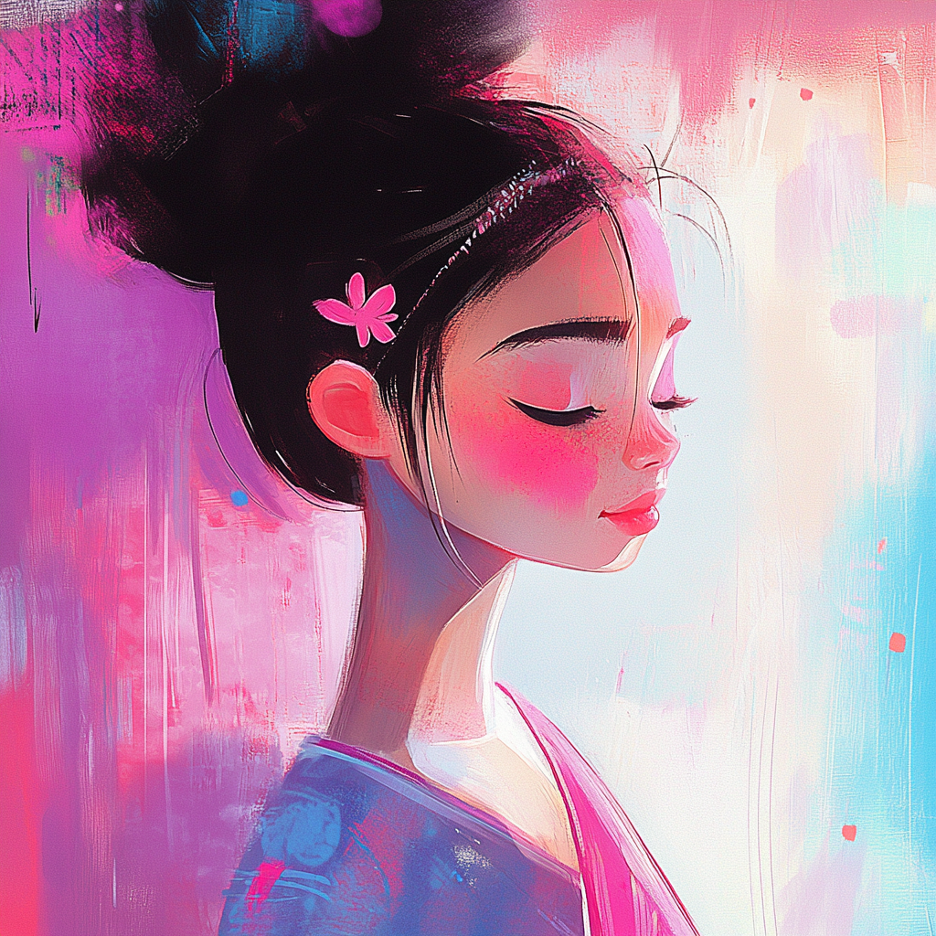 Digital illustration of a young woman with her eyes closed, pink cheeks, and a serene expression. She has dark hair styled in an updo, adorned with a pink flower hairpin. The background is a colorful blend of pinks, purples, and light blues.