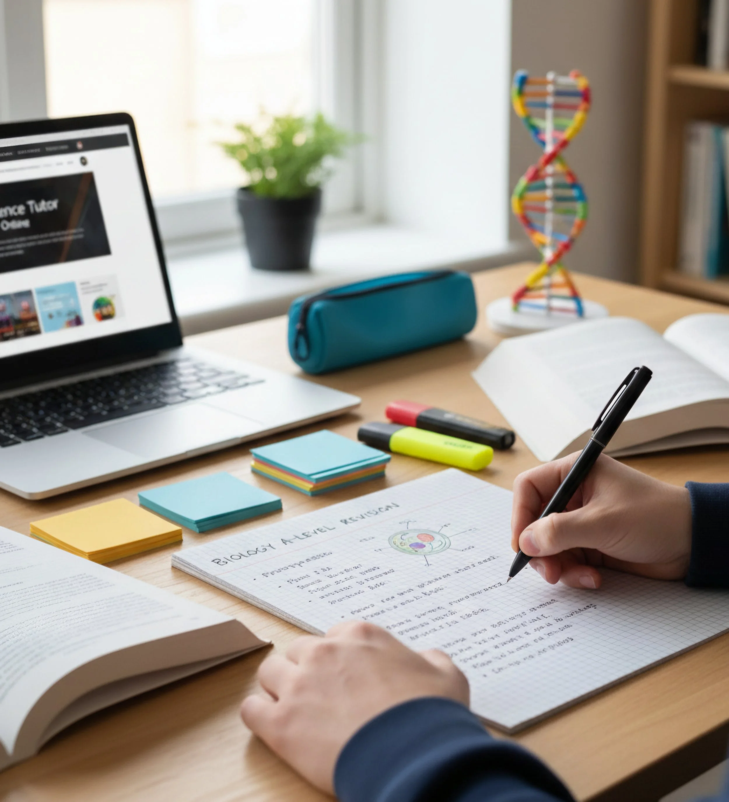 A person taking notes in a notebook with a scientific diagram and handwriting, with a laptop, colorful sticky notes, highlighters, an open textbook, and a DNA model on the desk, and a potted plant on the windowsill.