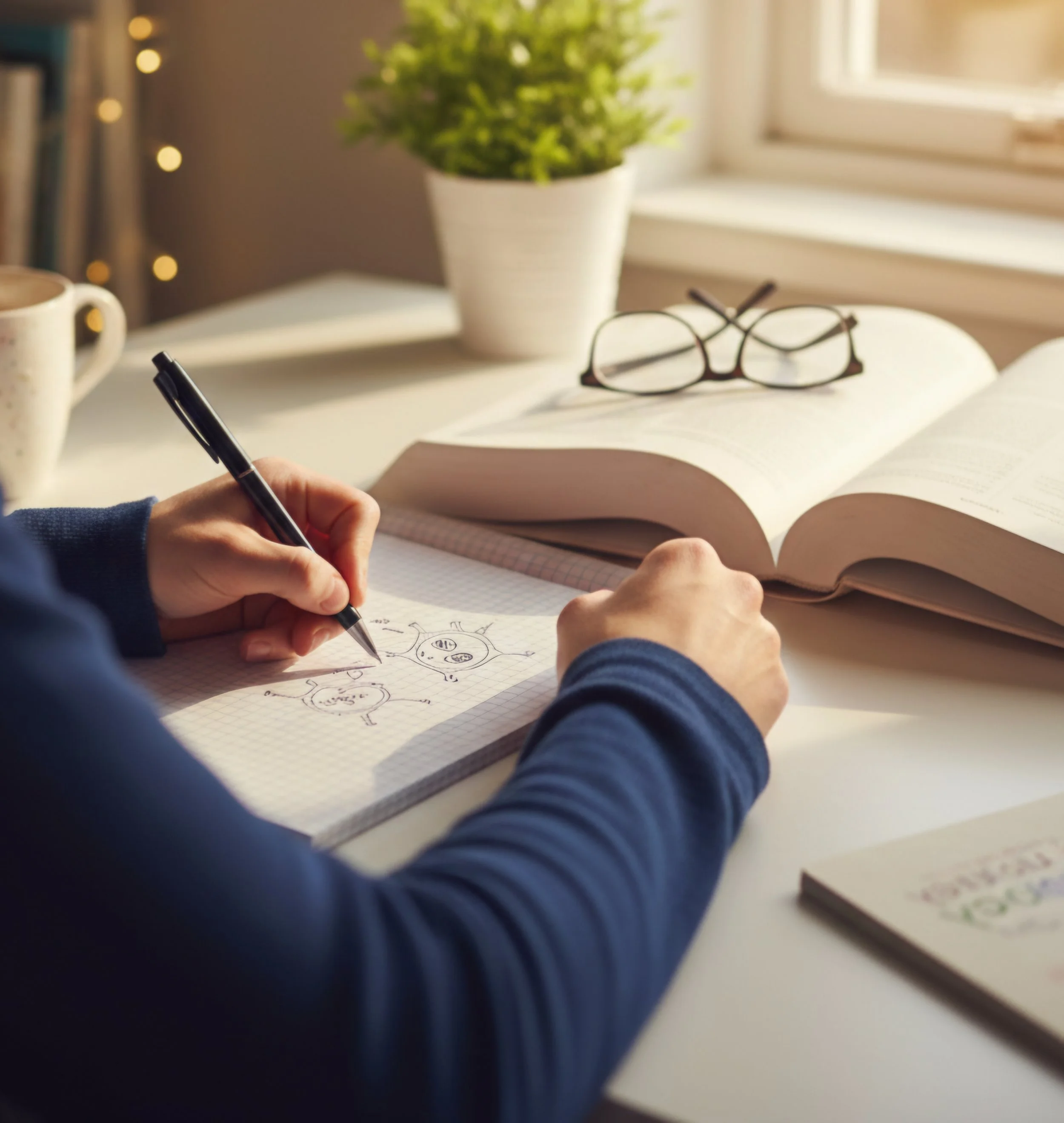 Person drawing virus illustrations on graph paper at a white desk with an open book, a pair of glasses, a mug, and a potted plant in the background.