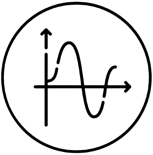 A black and white circular logo with a stylized mathematical graph, featuring a sine wave, an arrow pointing upward on the y-axis, and a horizontal arrow on the x-axis.