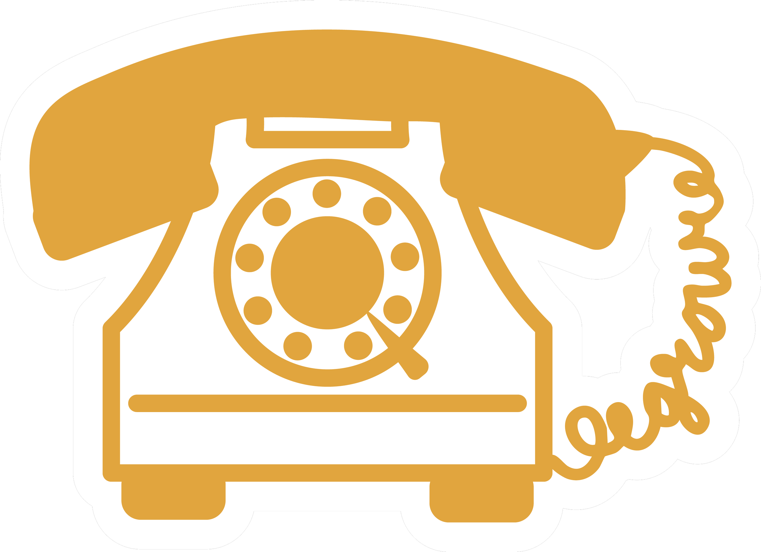 Graphic of a vintage rotary telephone with the word 'hello' written in cursive.