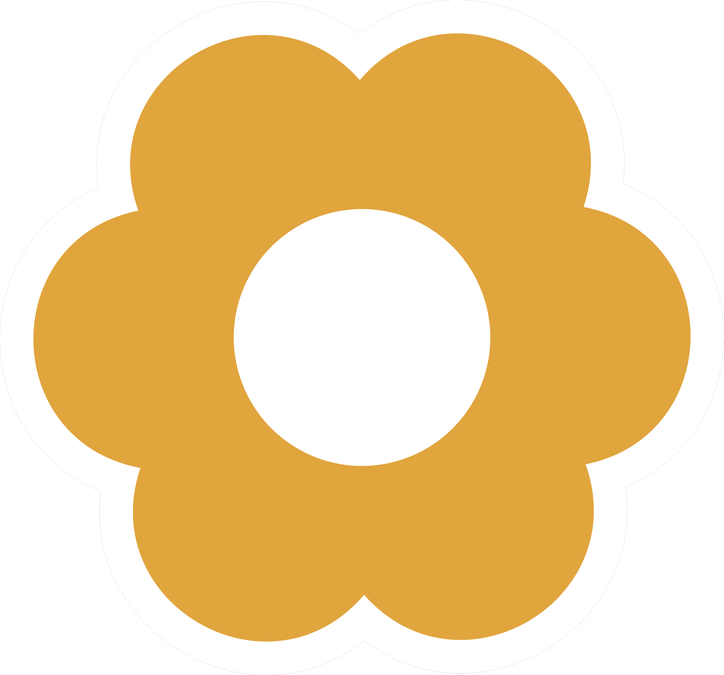 A stylized flower with six gold petals surrounding a white center.