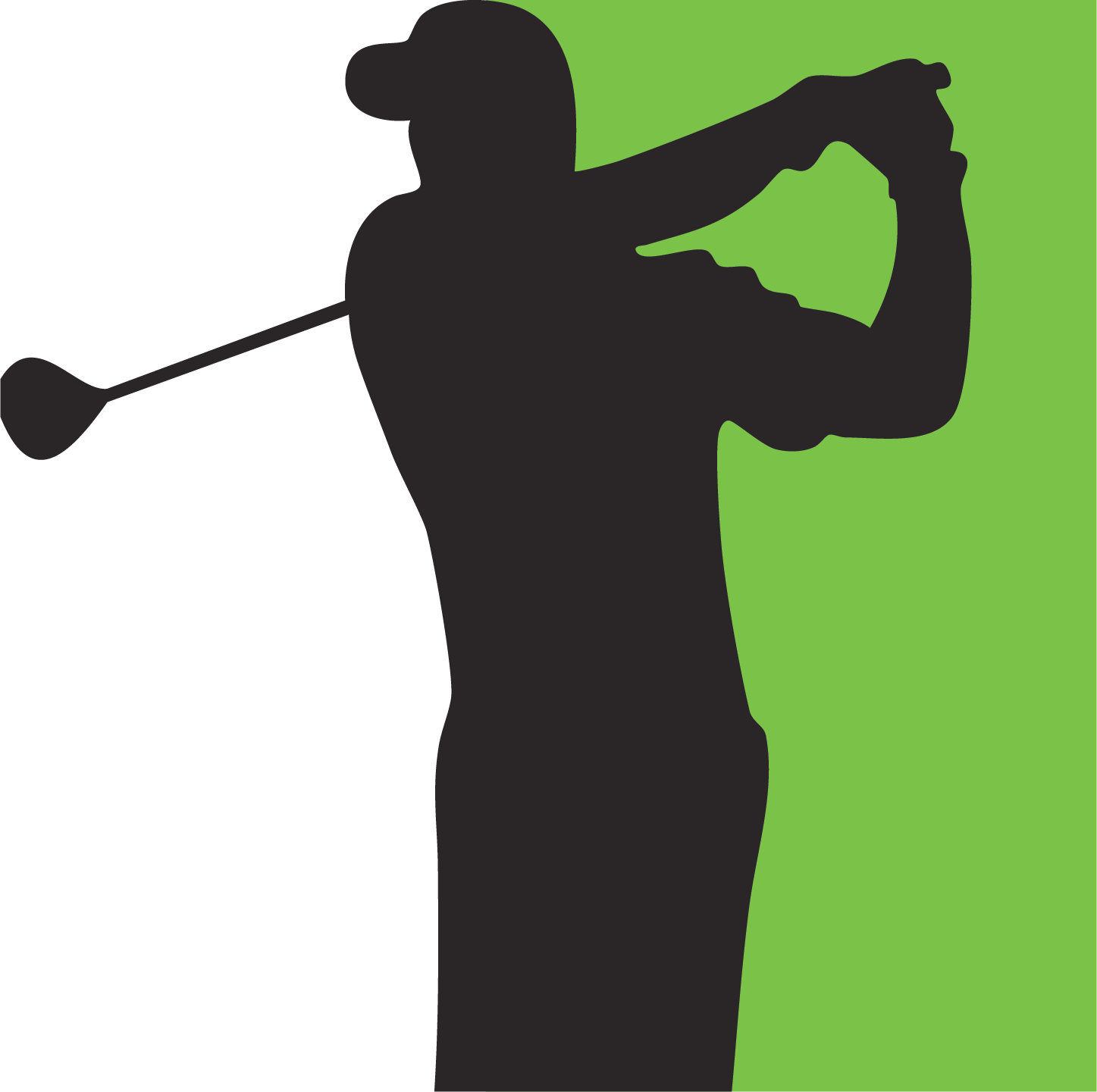 Silhouette of a female golfer preparing to swing with a golf club, with a green background on the right side.