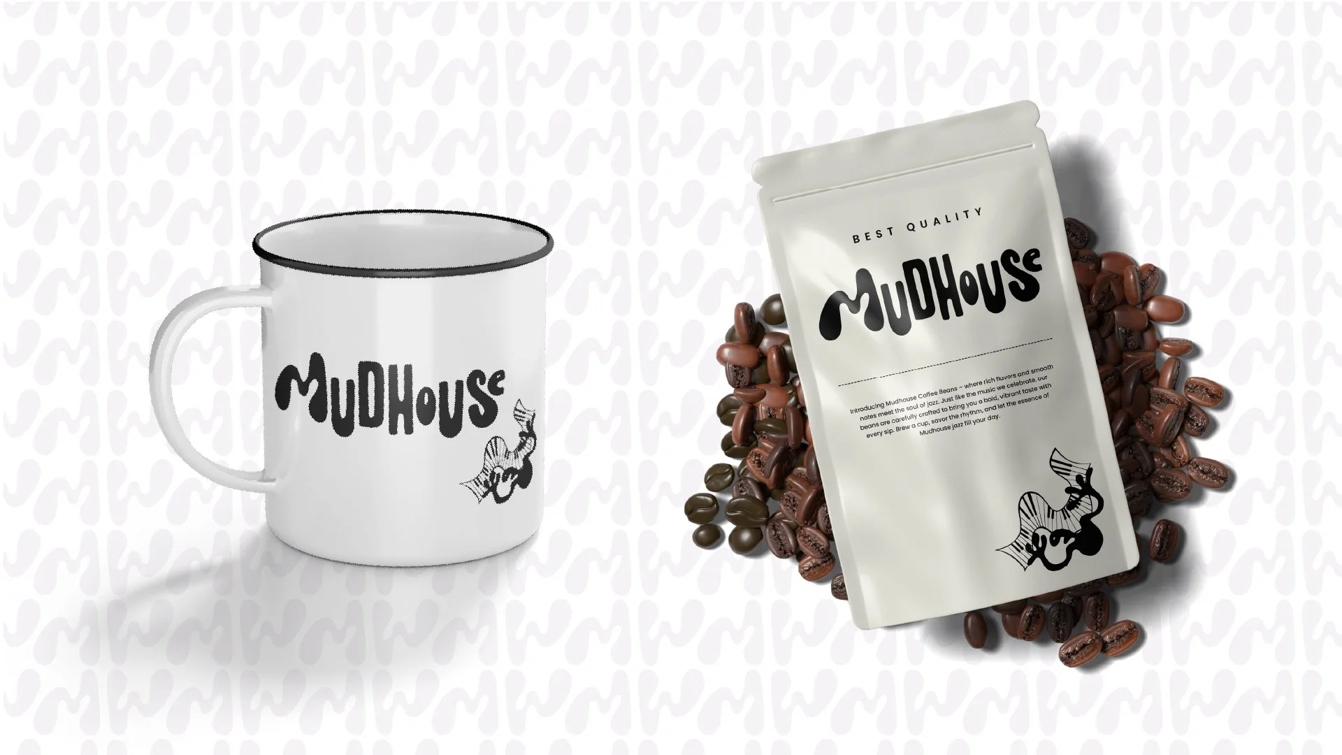 Mudhouse features a funky character playing a curving piano, capturing the free-spirited and creative atmosphere of the cafe. This playful design reflects the fluidity of jazz music, with its improvisational style and rich, dynamic energy. This chara