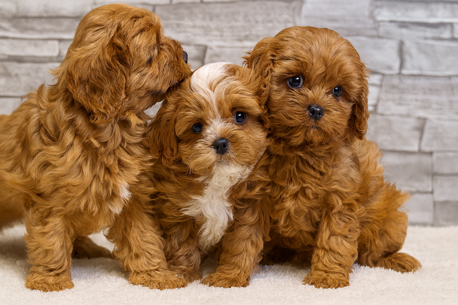 Three adorable brown puppies with curly fur sitting on a carpeted floor against a white brick wall.