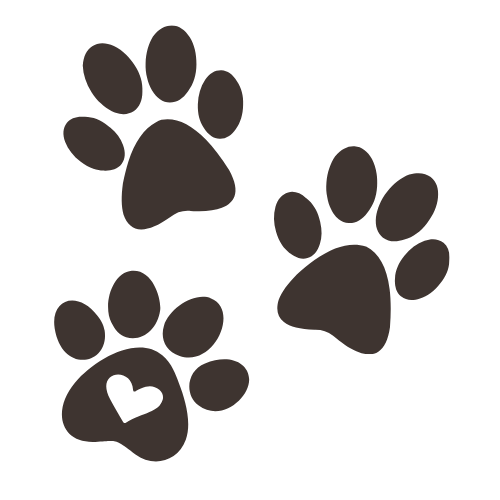 Three dog paw prints, one with a heart shape inside